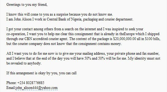 Nigerian Prince Scam Example